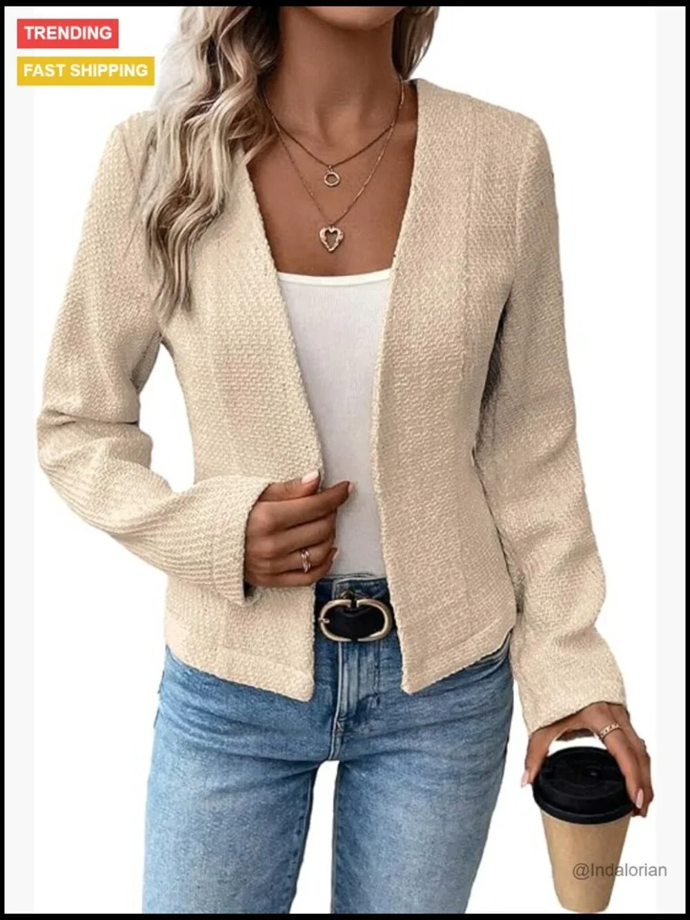 Tweed Blazer Jacket Collarless Open Front Slim Fit Work Casual